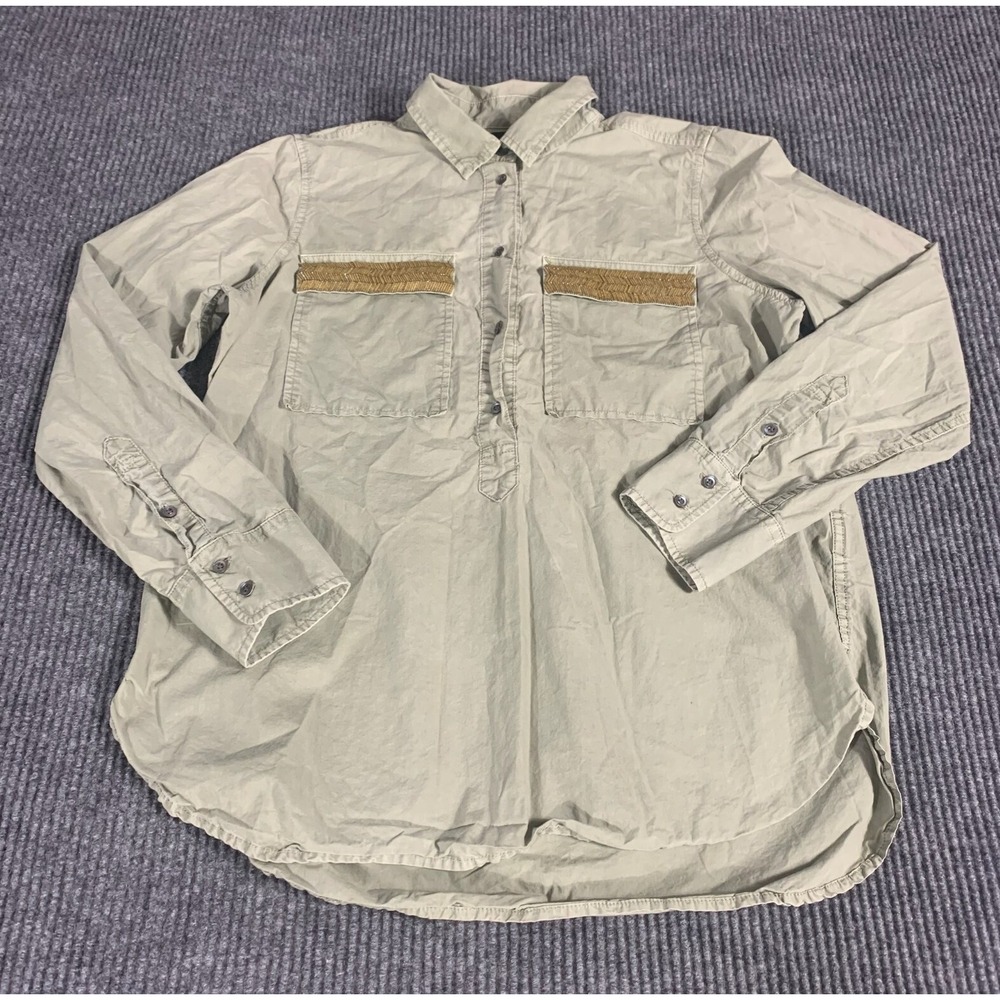 J Crew Top Womens 10‎ Green Henley Metallic Buttons Colalred Long Sleeve Shirt
